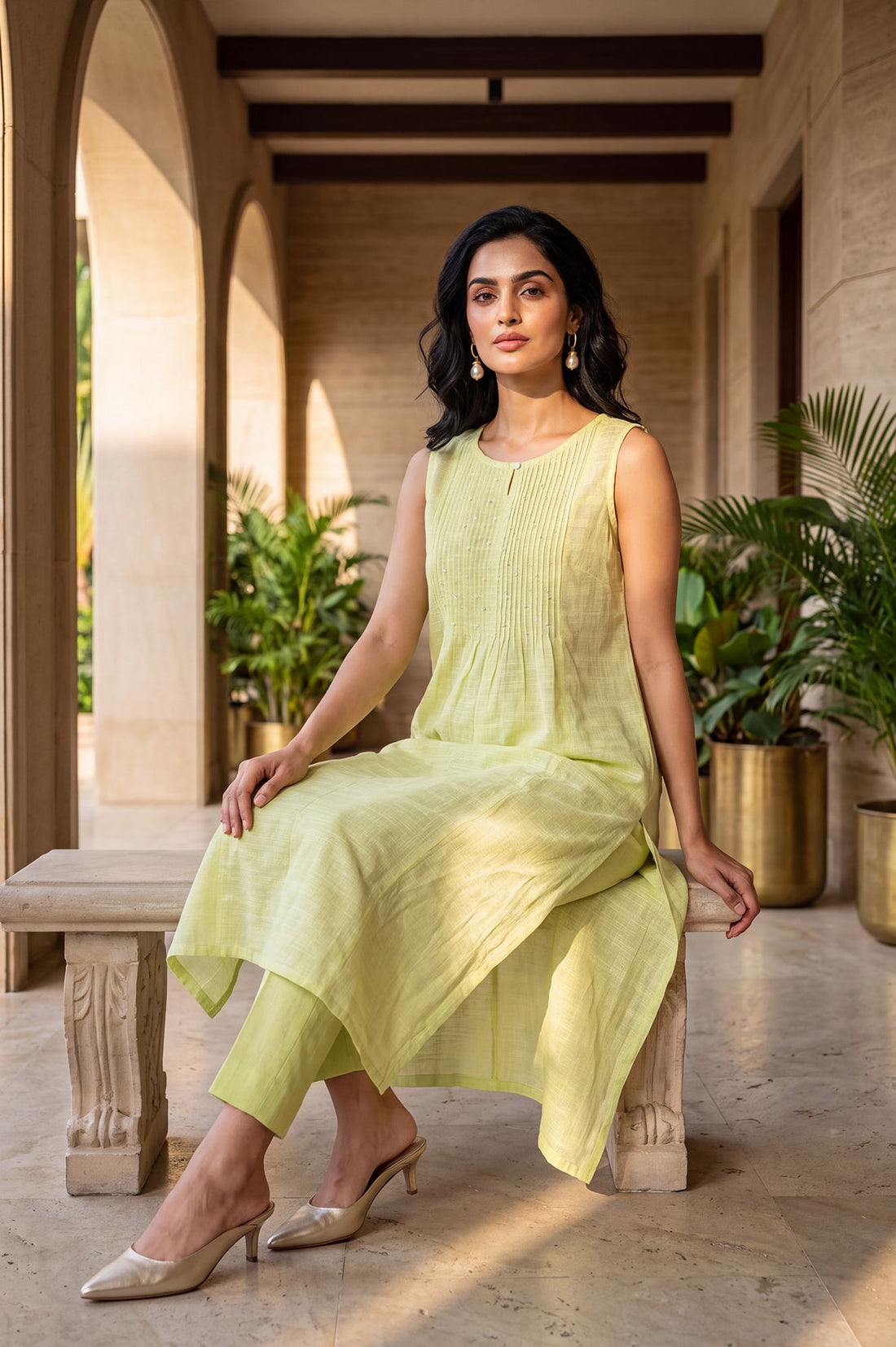 Lime Green Solid Pure Cotton Straight Fit Keyhole Neck Sleeveless Calf Length Kurta with Pintucks &amp; Beads