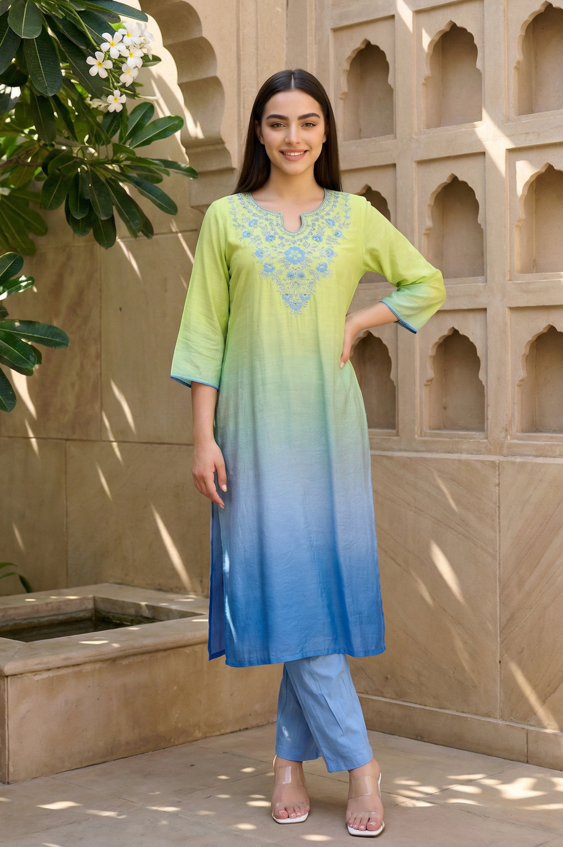 Lime Green Ombre Thread Work Straight Kurta