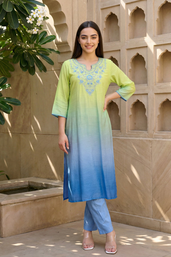 Lime Green Ombre Thread Work Straight Kurta