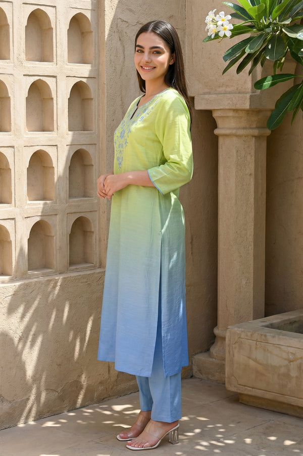 Lime Green Ombre Thread Work Straight Kurta