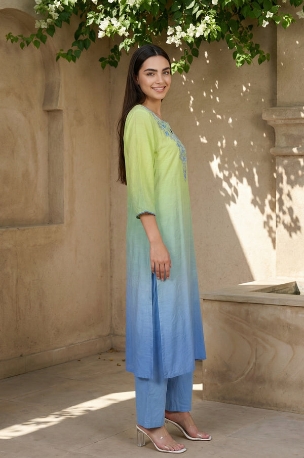 Lime Green Ombre Thread Work Straight Kurta