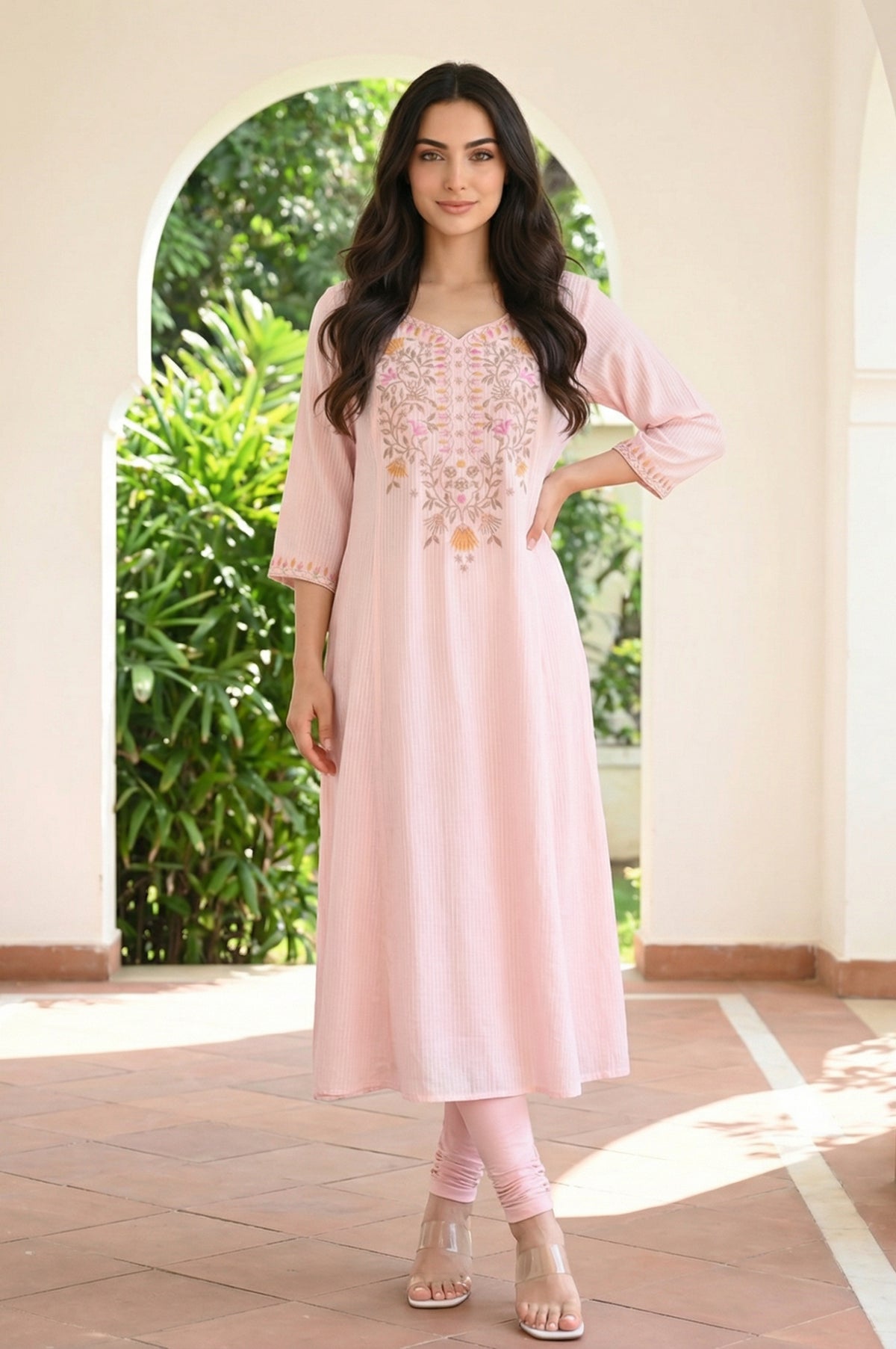 Pink Embroidered Thread Work A-line Kurta - S