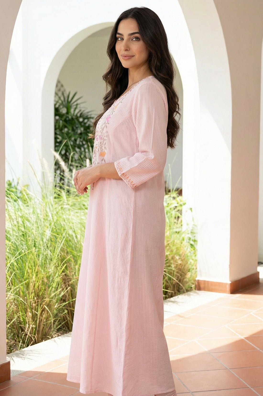Pink Embroidered Thread Work A-line Kurta