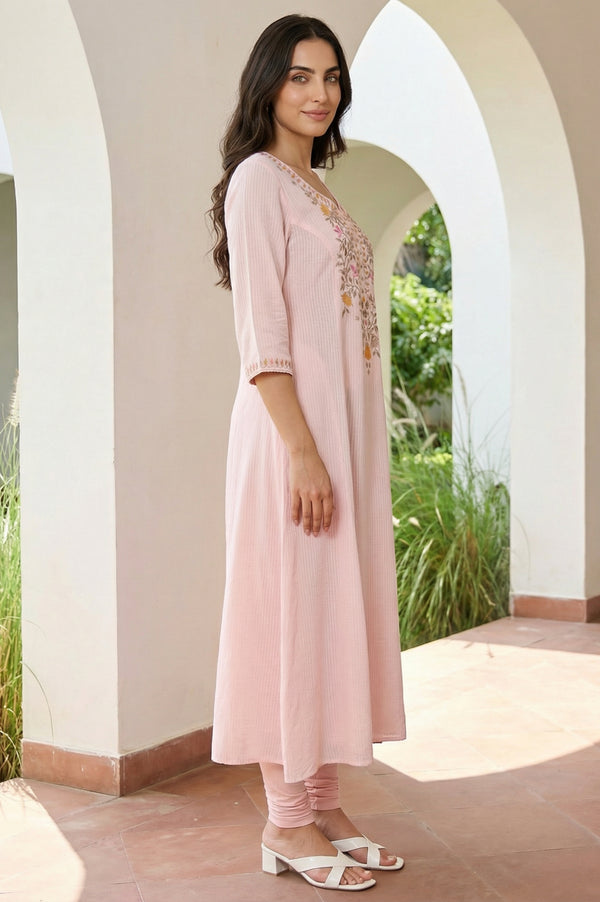 Pink Embroidered Thread Work A-line Kurta