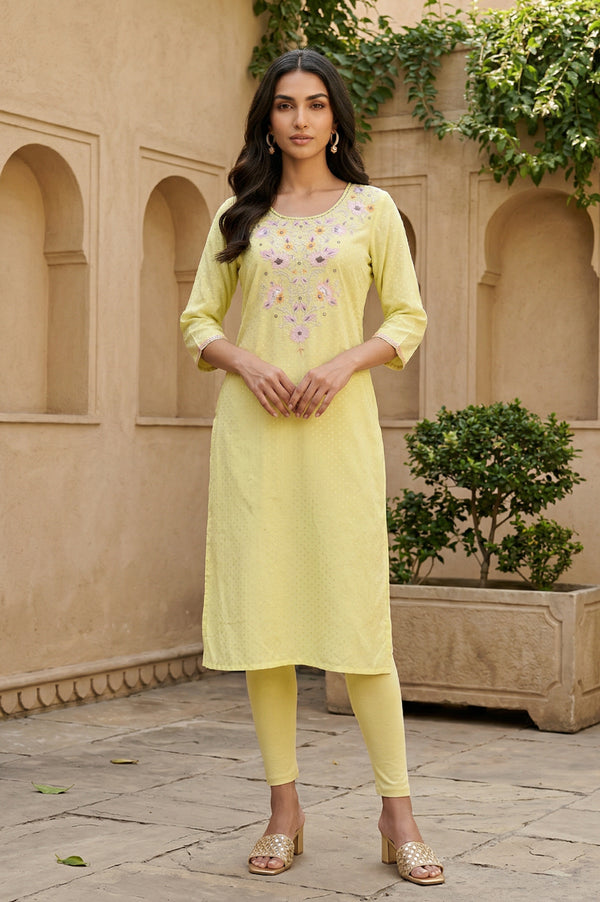 Yellow Thread Embroidered Shantung Straight Kurta