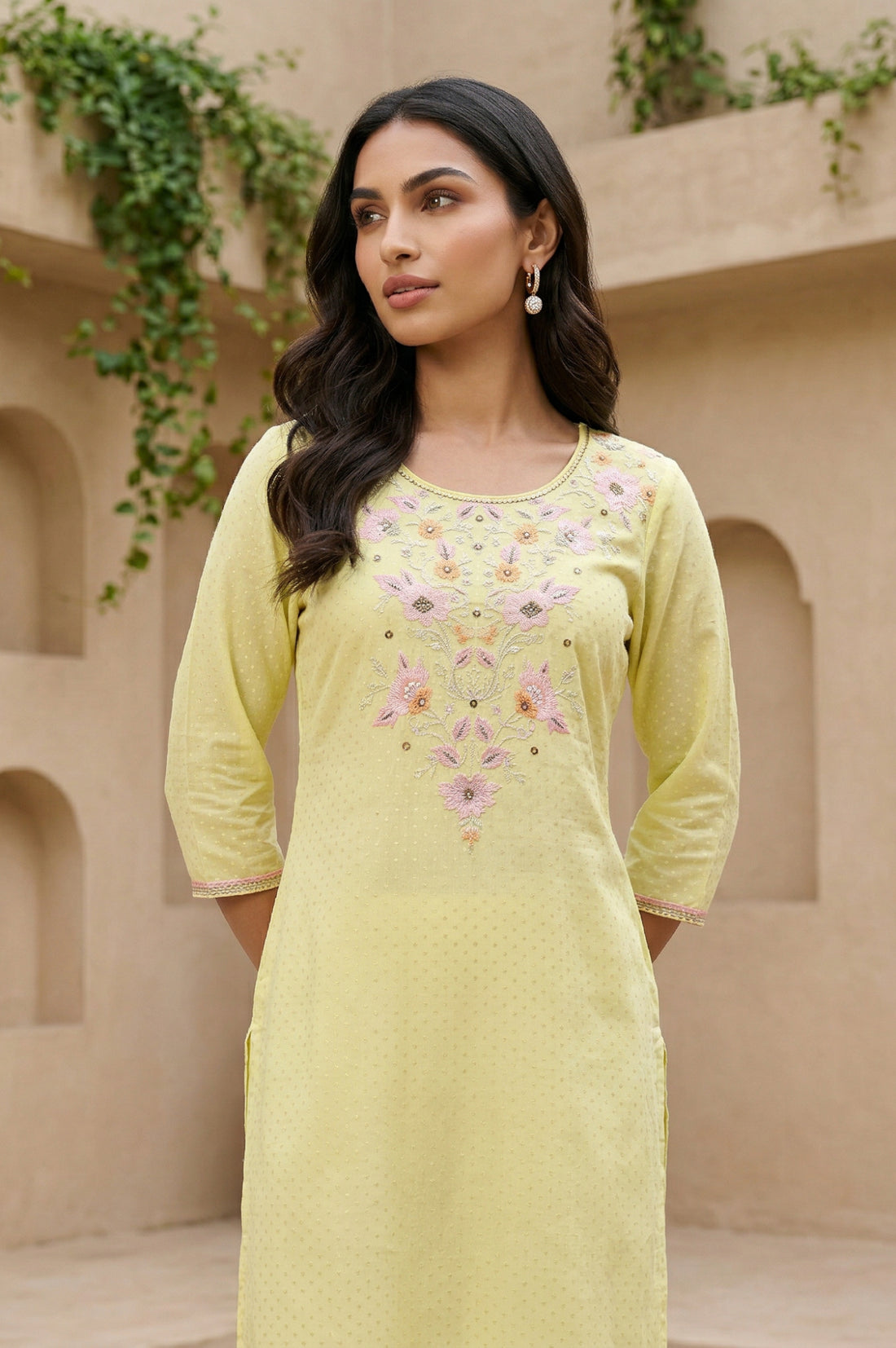 Yellow Thread Embroidered Shantung Straight Kurta