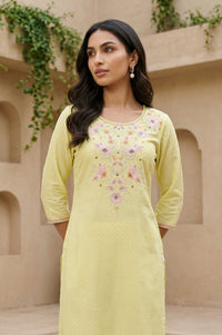 Yellow Thread Embroidered Shantung Straight Kurta