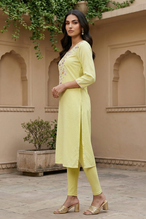 Yellow Thread Embroidered Shantung Straight Kurta