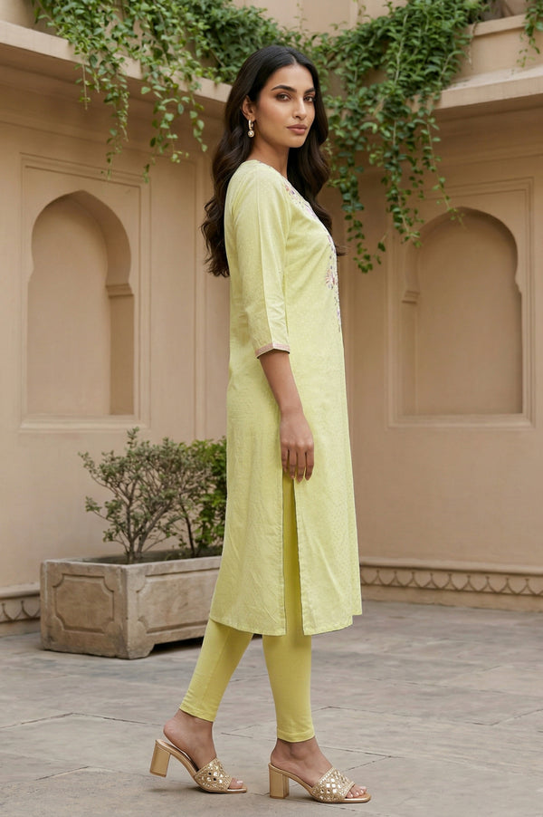 Yellow Thread Embroidered Shantung Straight Kurta