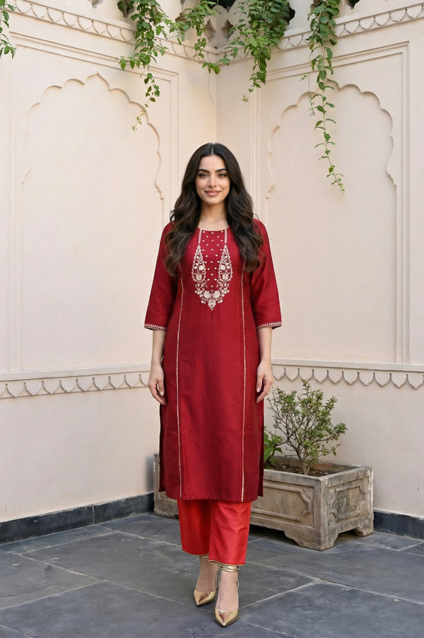 Red Thread Embroidered Straight Kurta