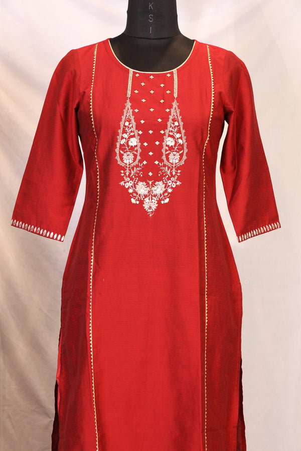 Red Thread Embroidered Straight Kurta