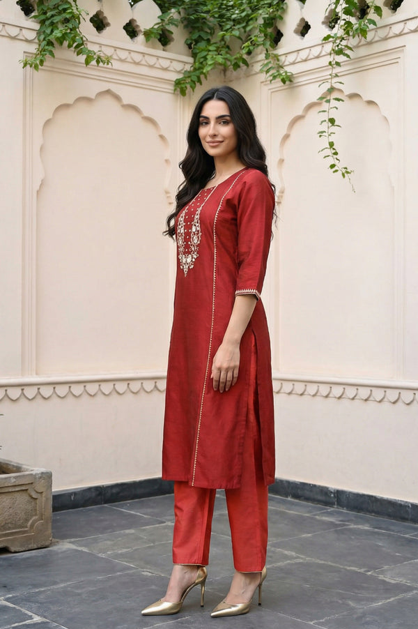 Red Thread Embroidered Straight Kurta