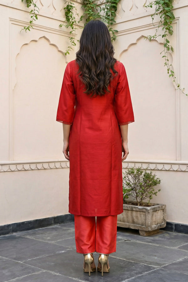 Red Thread Embroidered Straight Kurta