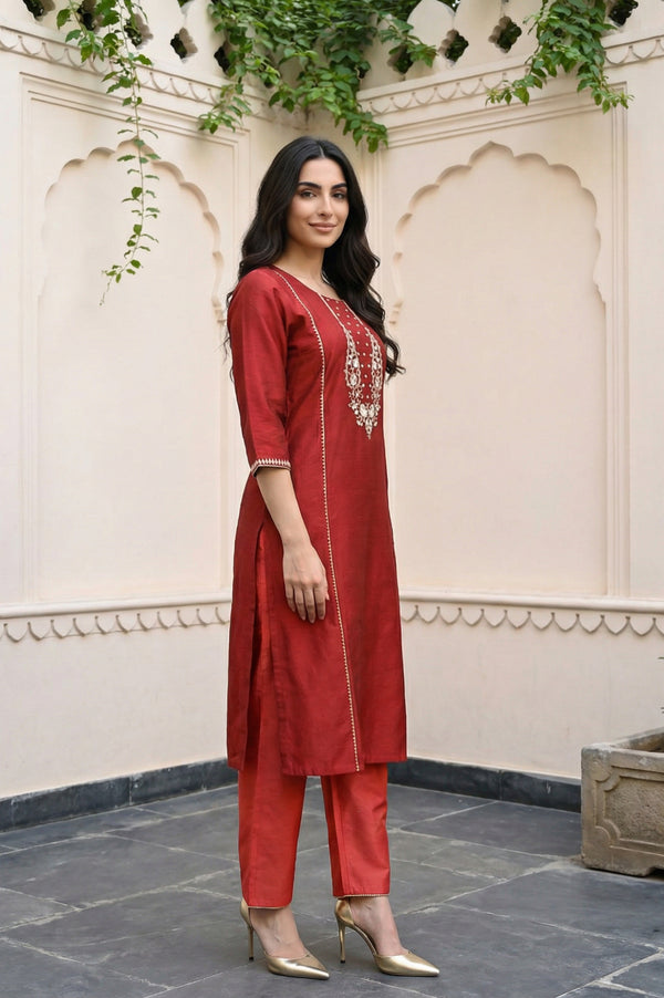 Red Thread Embroidered Straight Kurta