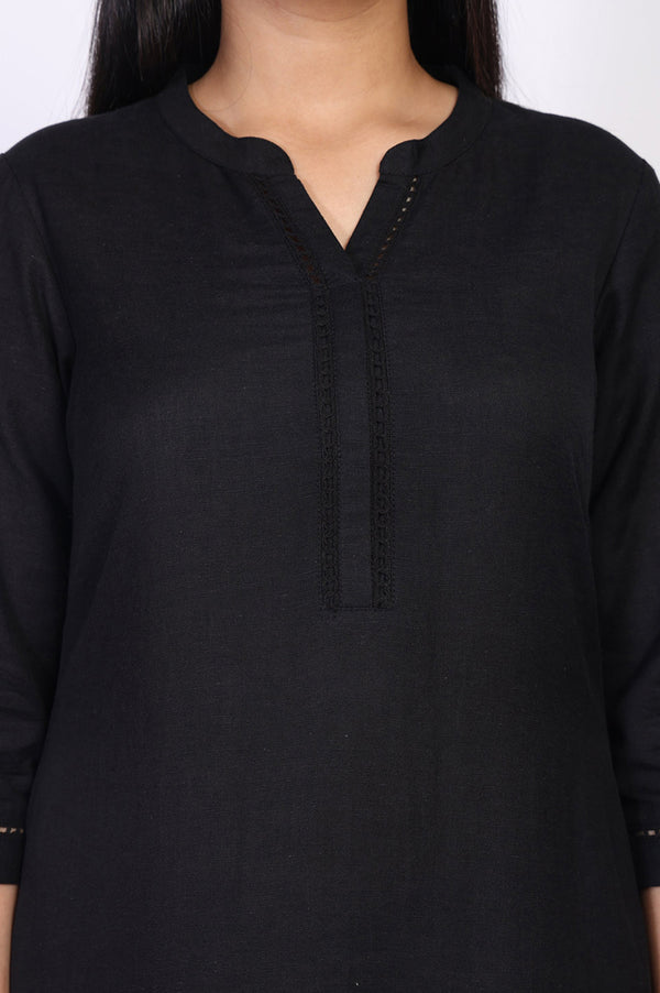 Black Solid Lace Trim Straight Kurta