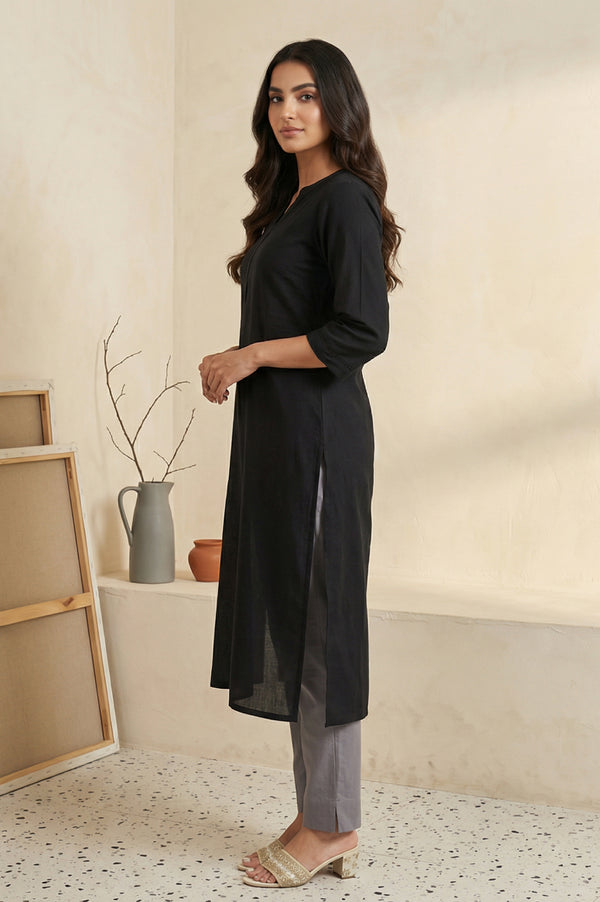 Black Solid Lace Trim Straight Kurta