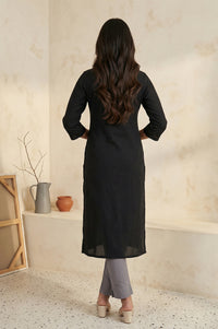 Black Solid Lace Trim Straight Kurta