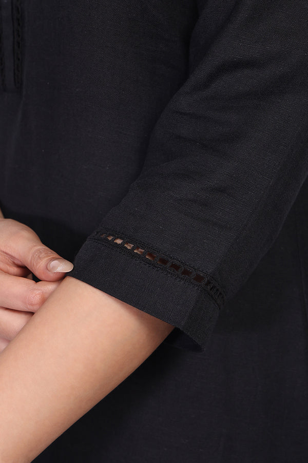 Black Solid Lace Trim Straight Kurta