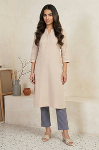 Beige Solid Lace Trim Straight Kurta