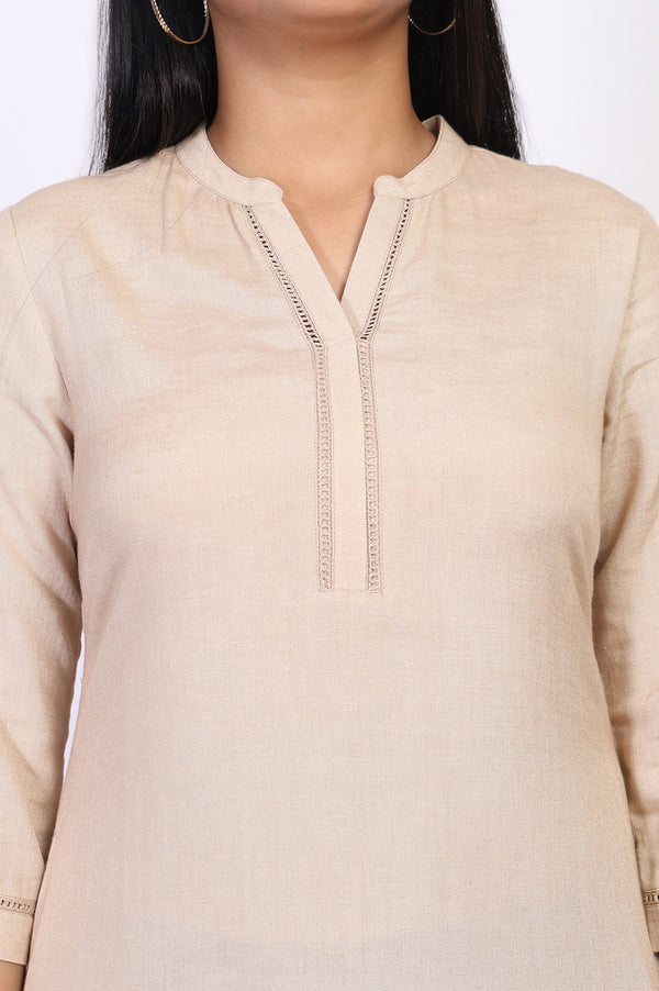 Beige Solid Lace Trim Straight Kurta