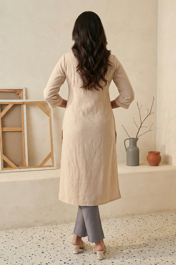 Beige Solid Lace Trim Straight Kurta