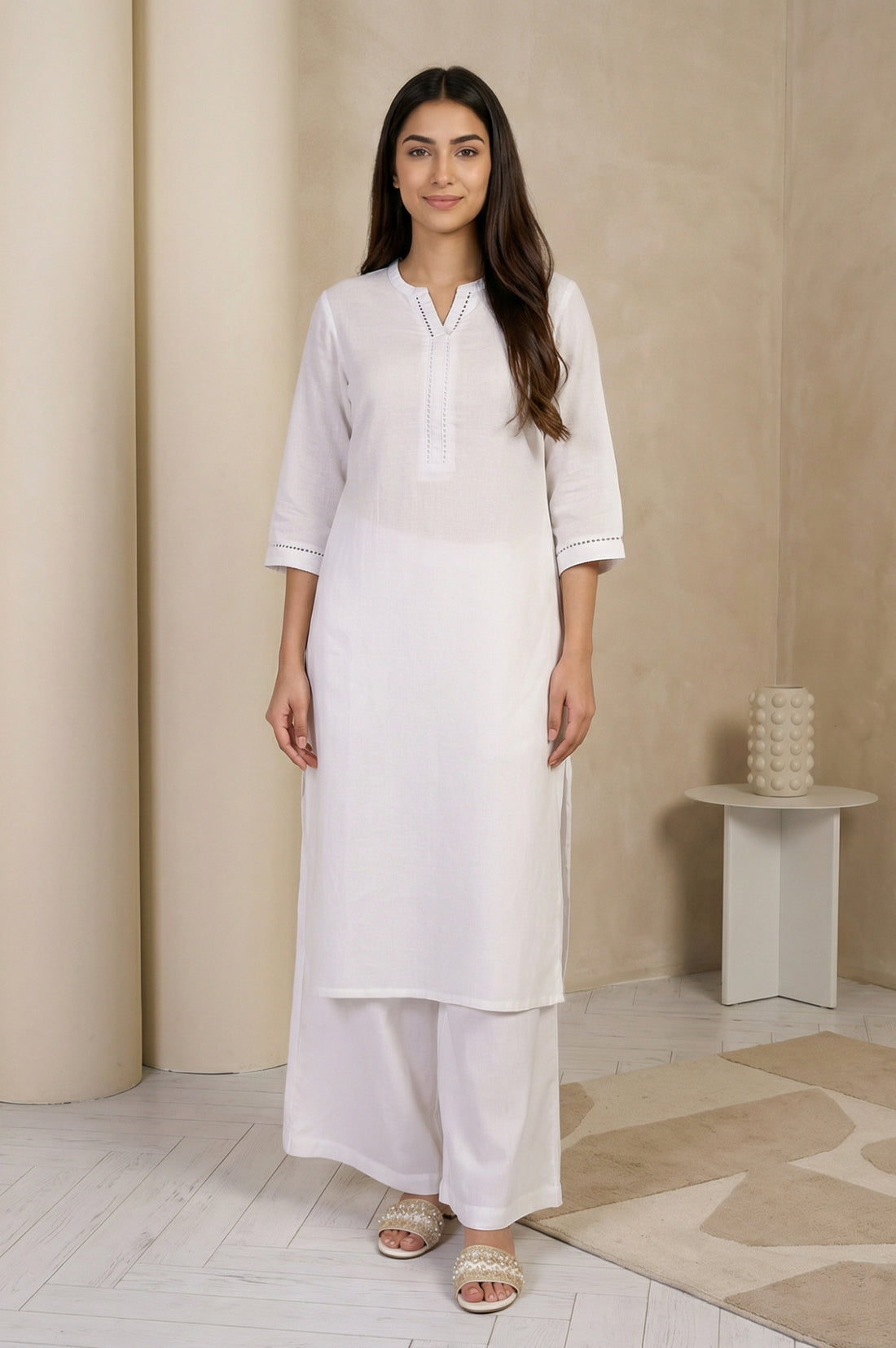 White Solid Lace Trim Straight Kurta