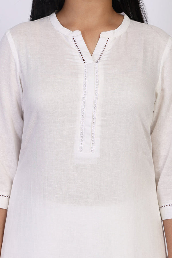 White Solid Lace Trim Straight Kurta
