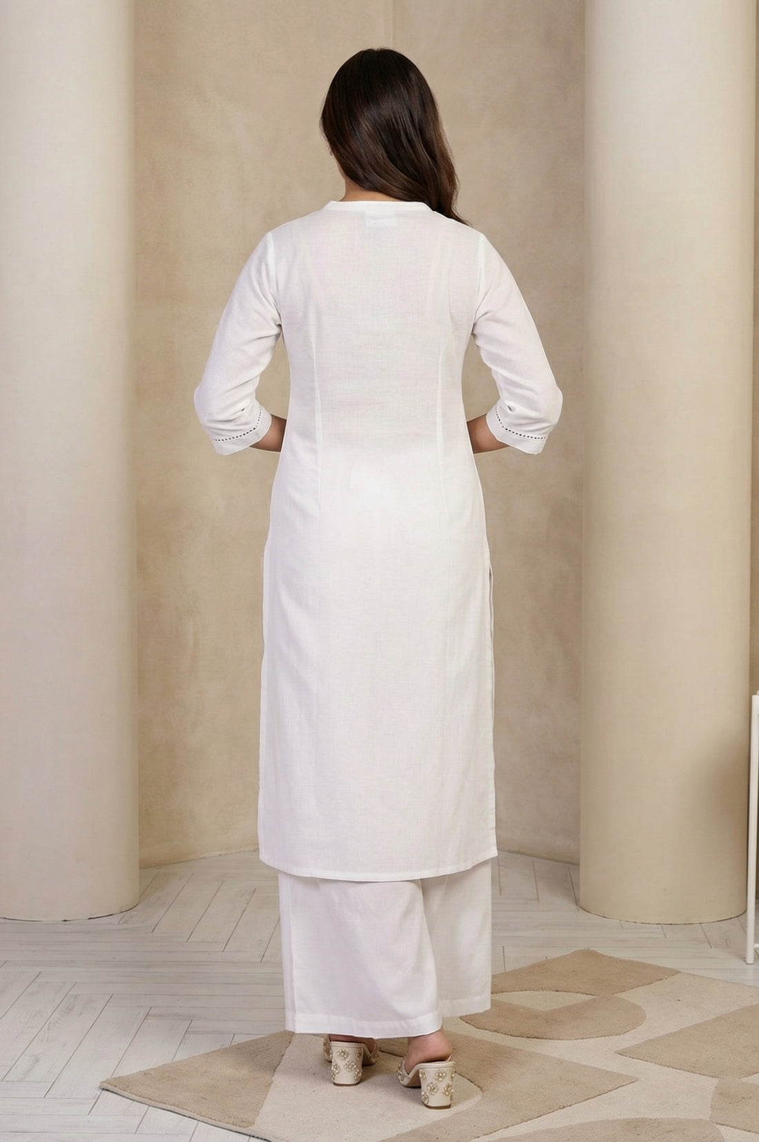 White Solid Lace Trim Straight Kurta