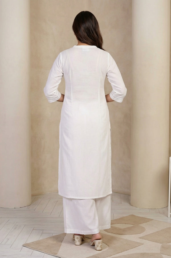 White Solid Lace Trim Straight Kurta