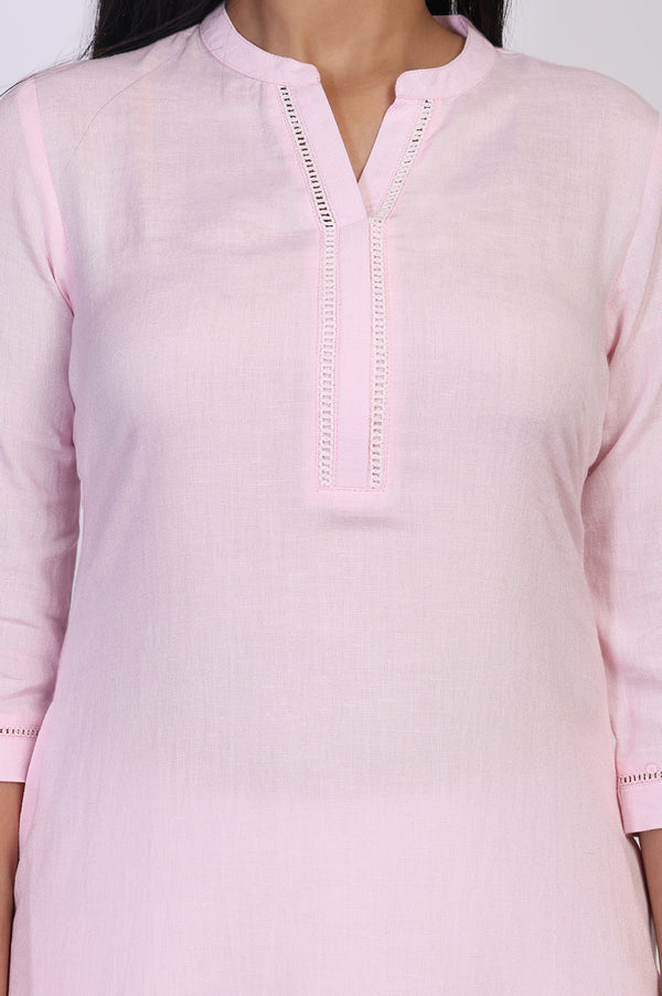 Pink Solid Lace Trim Straight Kurta