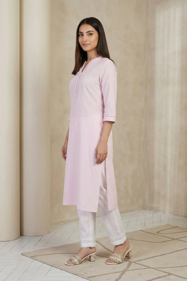 Pink Solid Lace Trim Straight Kurta