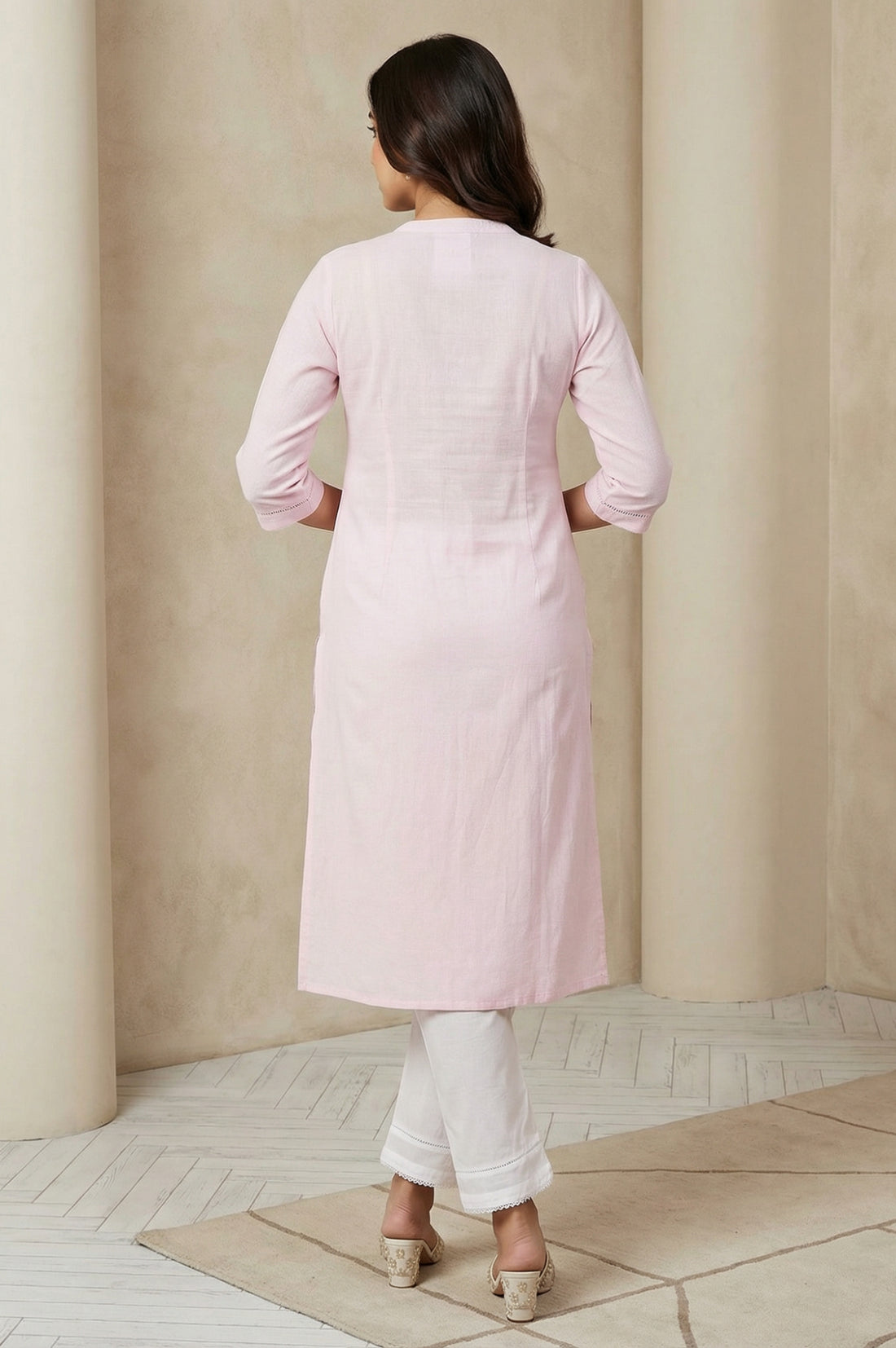 Pink Solid Lace Trim Straight Kurta