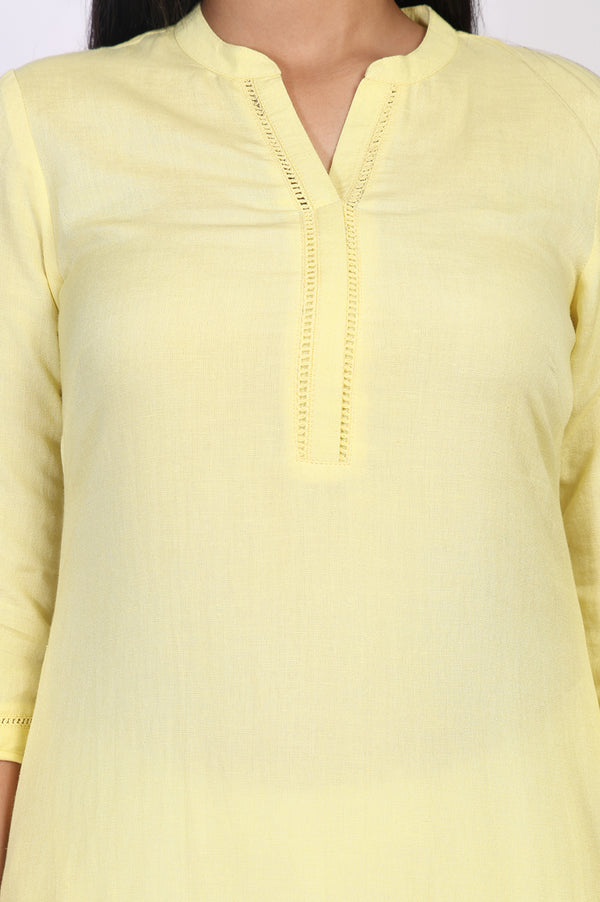 Yellow Solid Lace Trim Straight Kurta