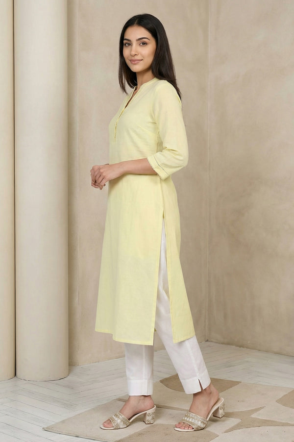 Yellow Solid Lace Trim Straight Kurta