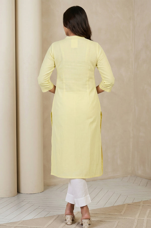 Yellow Solid Lace Trim Straight Kurta