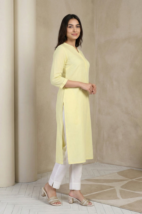 Yellow Solid Lace Trim Straight Kurta