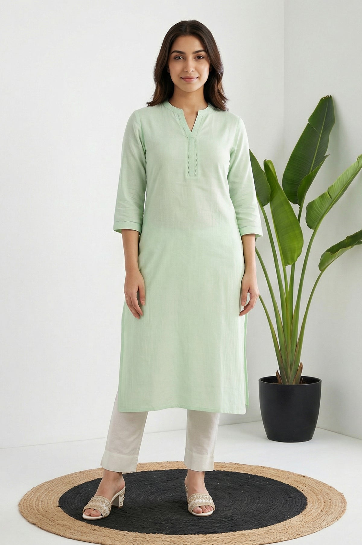 Mint Green Solid Lace Trim Straight Kurta - XS