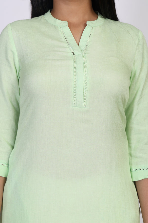 Mint Green Solid Lace Trim Straight Kurta