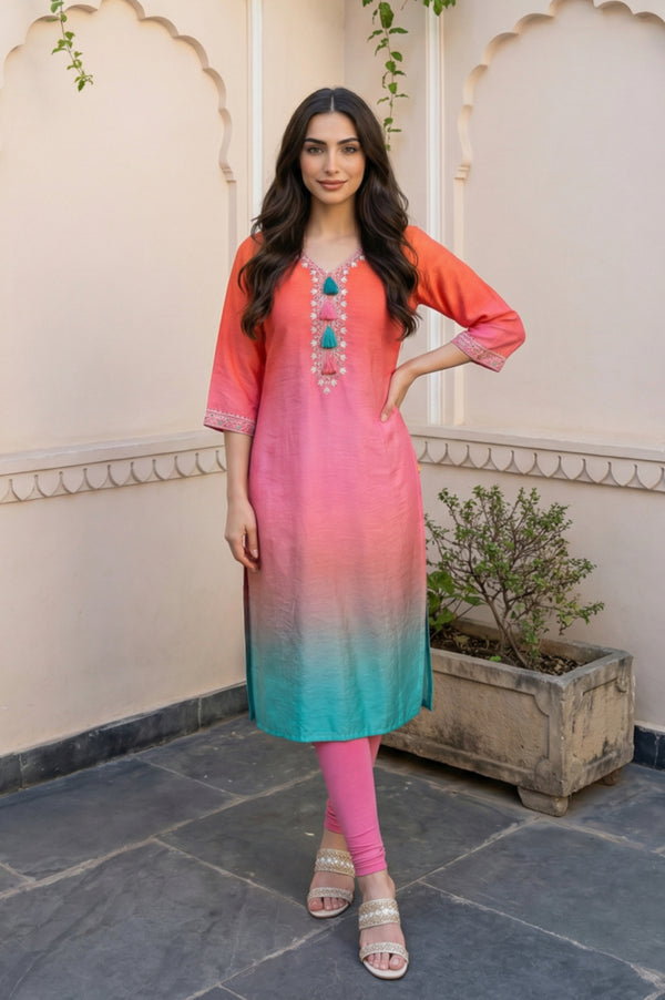 Multicolor Ombre Thread Embroidered Rayon Blend Straight Kurta