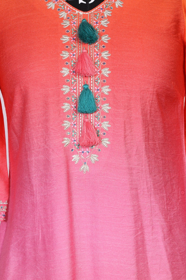 Multicolor Ombre Thread Embroidered Rayon Blend Straight Kurta