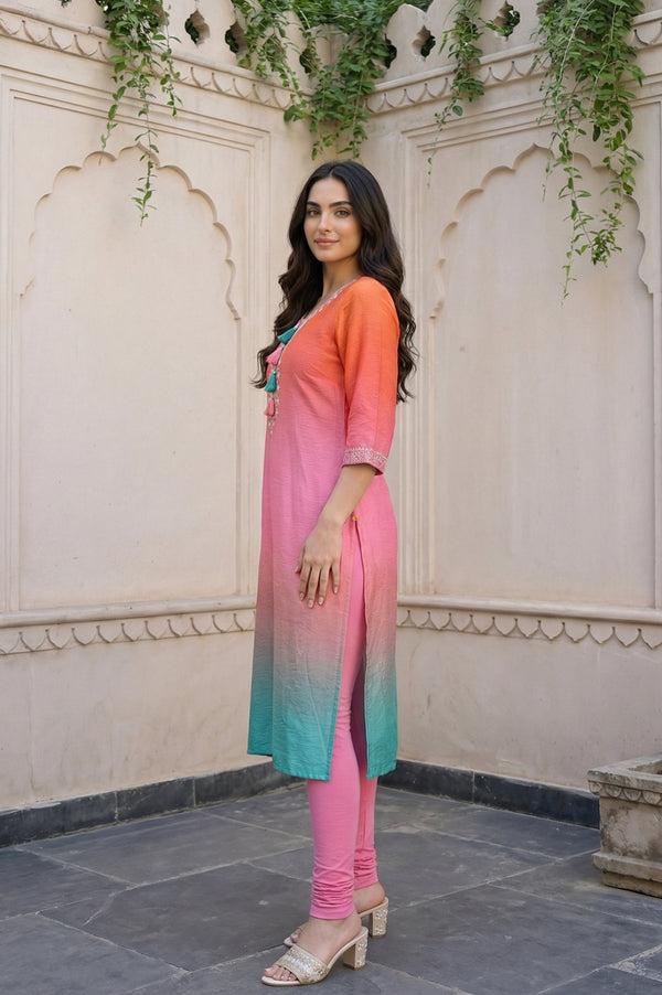 Multicolor Ombre Thread Embroidered Rayon Blend Straight Kurta