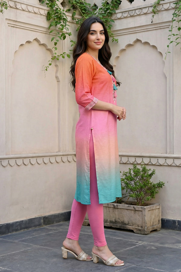 Multicolor Ombre Thread Embroidered Rayon Blend Straight Kurta
