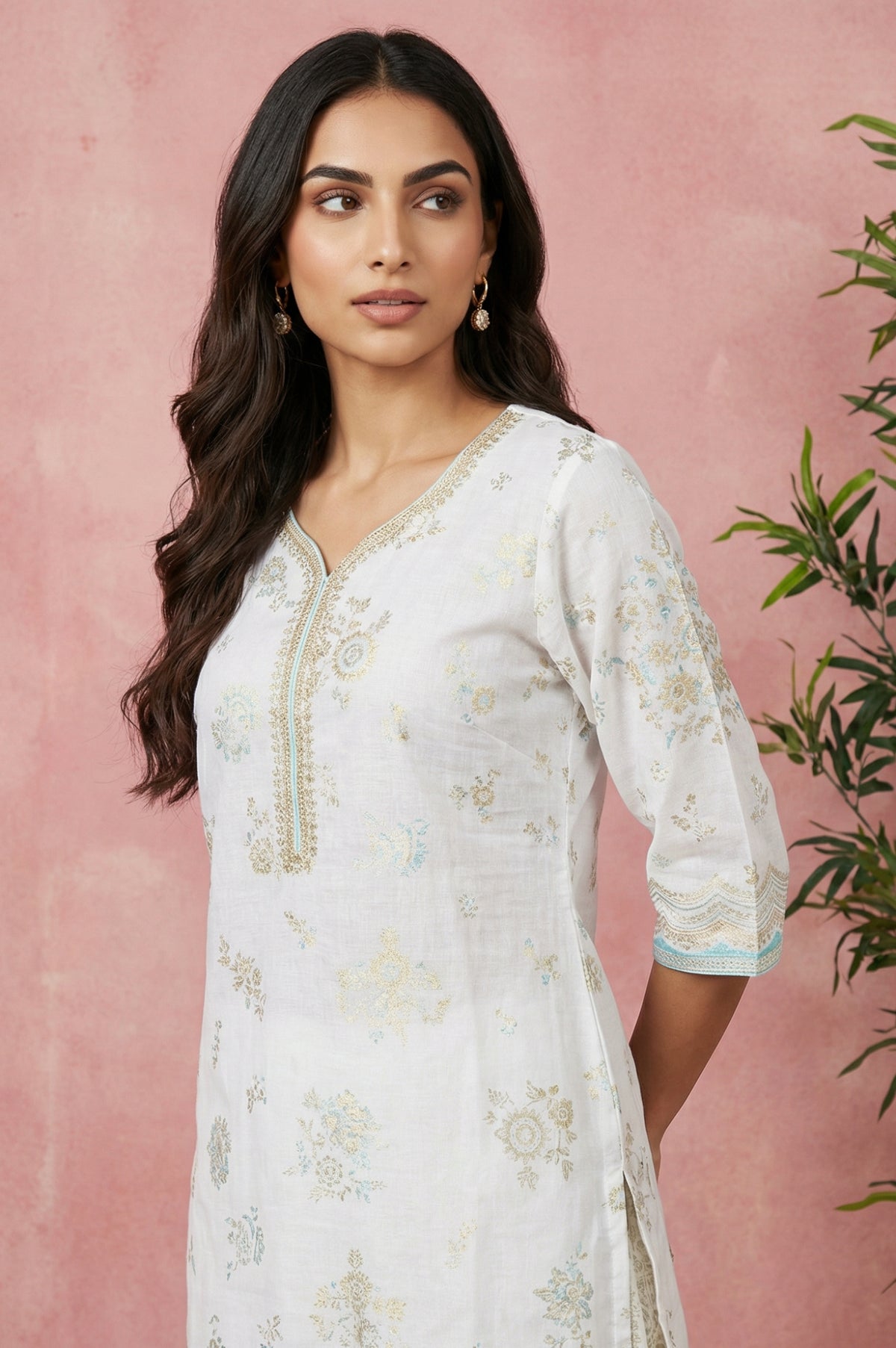Off White Floral Printed Sequins Pure Cotton Straight Kurta - XS