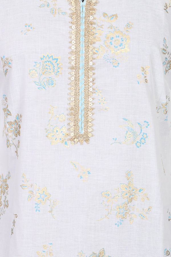 Off White Floral Printed Sequins Pure Cotton Straight Kurta