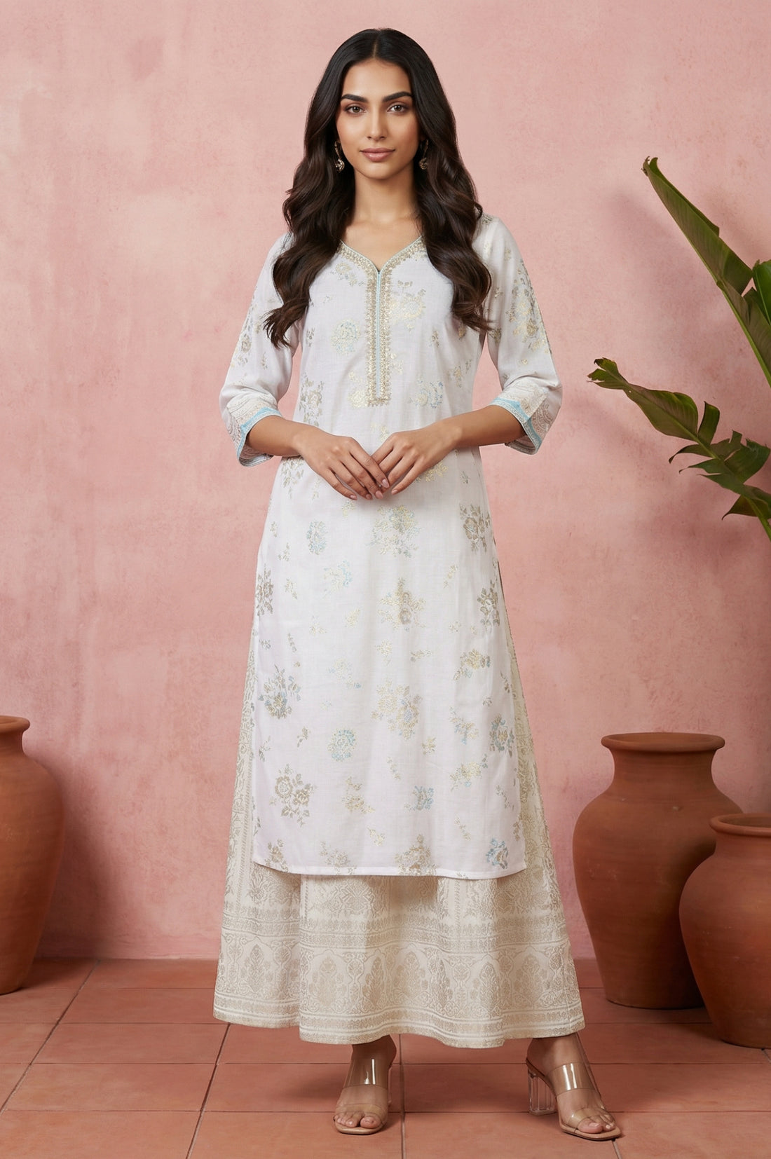 Off White Floral Printed Sequins Pure Cotton Straight Kurta
