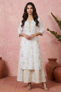 Off White Floral Printed Sequins Pure Cotton Straight Kurta
