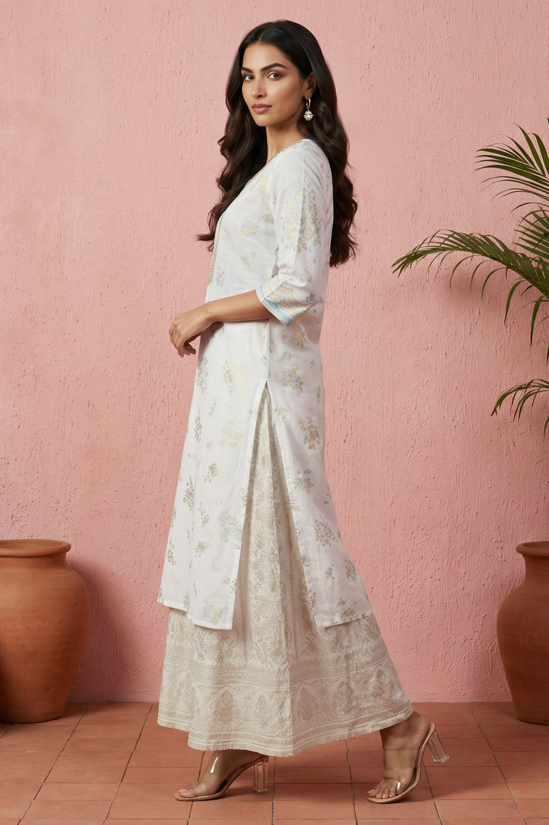 Off White Floral Printed Sequins Pure Cotton Straight Kurta