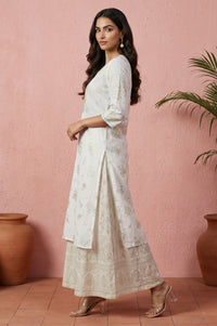 Off White Floral Printed Sequins Pure Cotton Straight Kurta