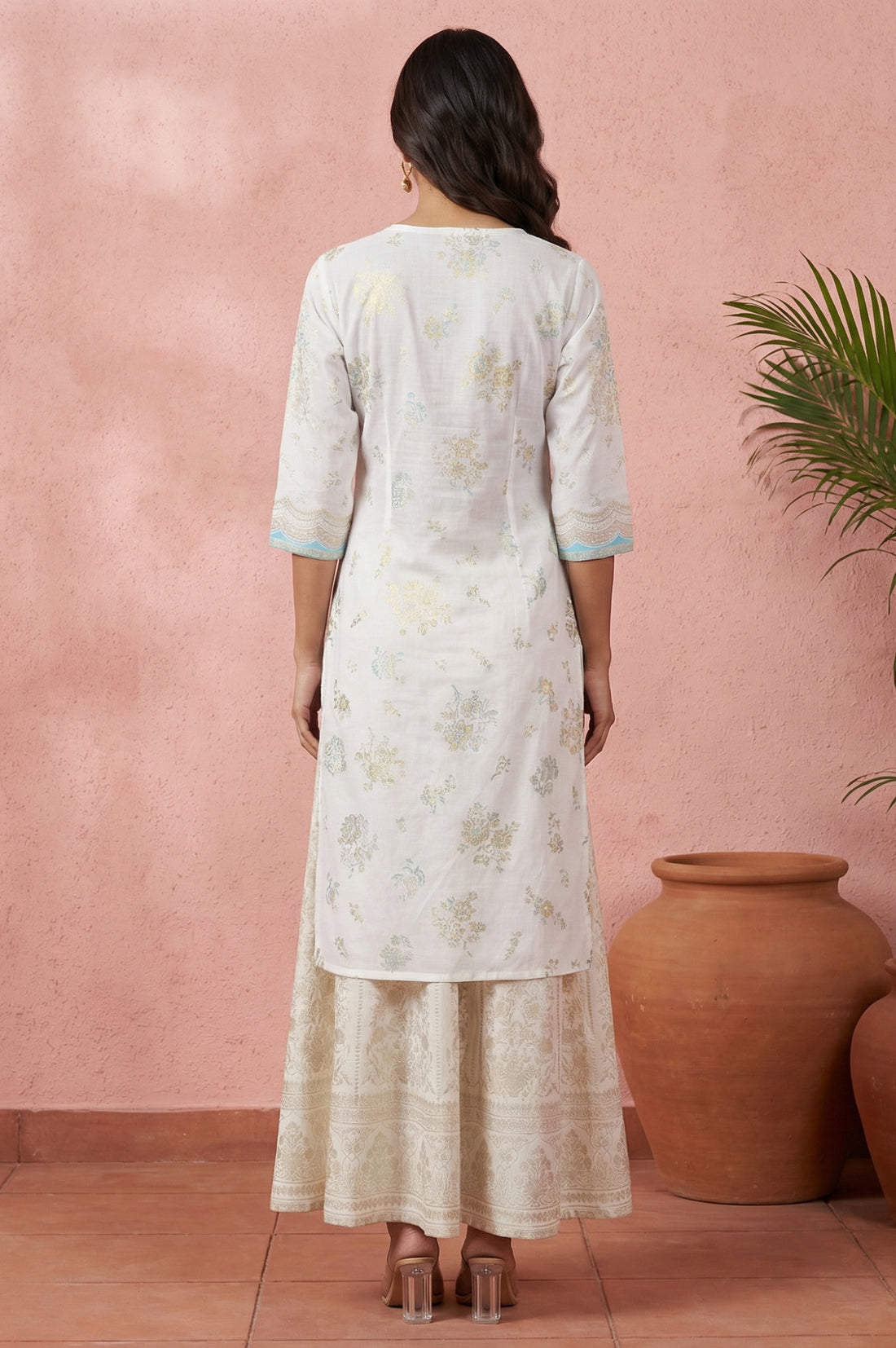 Off White Floral Printed Sequins Pure Cotton Straight Kurta