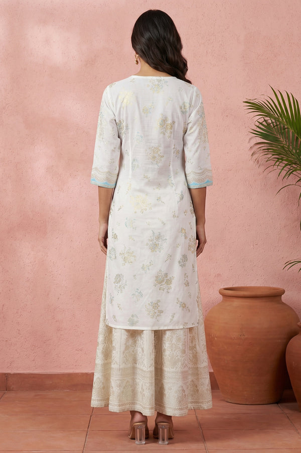 Off White Floral Printed Sequins Pure Cotton Straight Kurta